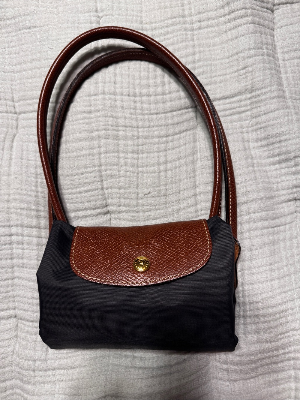 Longchamp Le Pliage Small Dark Gray Nylon Shoulder Tote Brown Leather - Picture 12 of 12